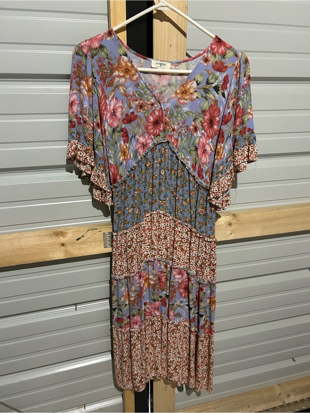 Umgee Floral Patchwork Boho Midi Dress Bell Sleeve Blue Rust S Cottagecore - Picture 2 of 7